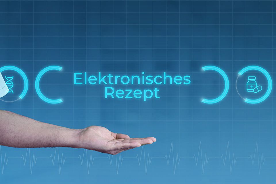 Foto: Aufgehaltene Hand unter Schriftzug Elektronisches Rezept